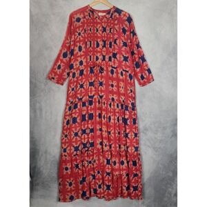 Banjanan Dress Womens Large Red Cotton Kaftan Maxi Geometric Print Boho Tiered